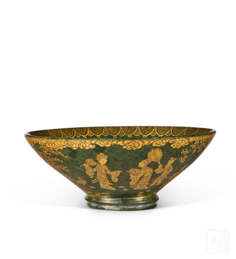BOL EN JADE VERT ÉPINARD À DÉCOR DE DAMES DE COUR ET ENFANTS À L'OR  CHINE, XIXE-XXE SIÈCLE - 图1